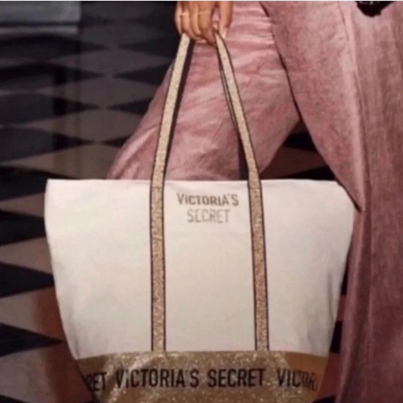 Victoria’s Secret Canvas & Gold Glitter Trim Tote Bag Zipper Top - Picture 14 of 14
